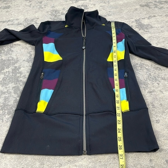 Lululemon Nice Asana Jacket Black Pow Stripe Split Pea Full Zip Thumb Holes - Picture 7 of 14